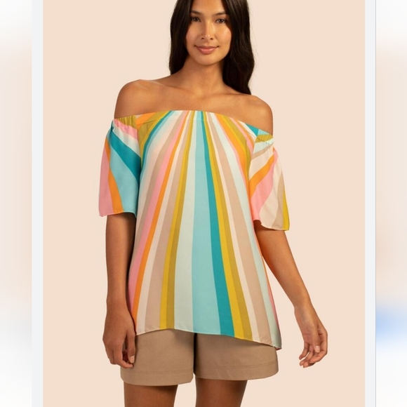Trina Turk Loveable Off the Shoulder Multicolor Bright Striped Summer Top - Picture 2 of 3
